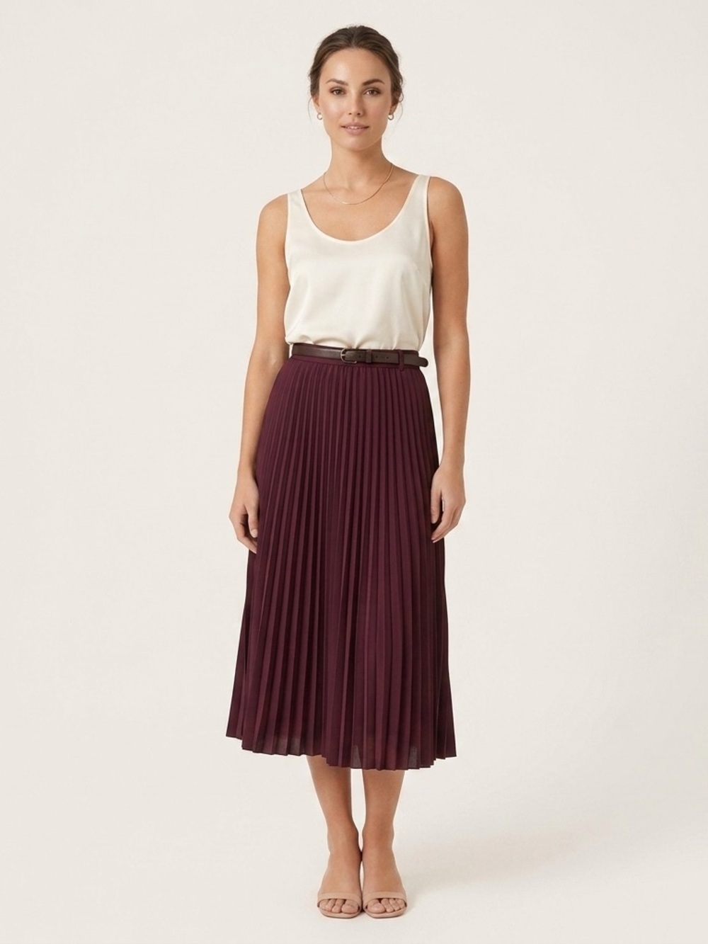 H&M Burgundy Pleated Midi Skirt Maroon Dark Red Boho L